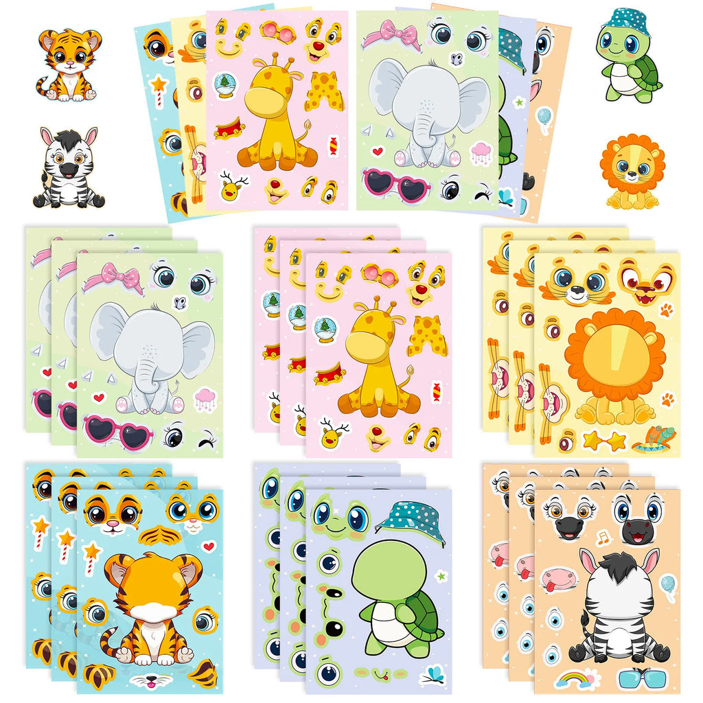 6Sheets Cute Cartonn DIY Puzzle Sticker Games Animals Make A Face Funny Assemble Stickers Decor