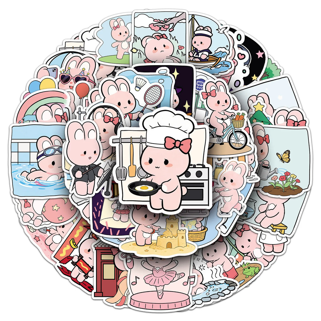 51-Piece Cute Cartoon Pink Bunny Daily Doodle Stickers Waterproof Stickers for Cups Phones Guitars Helmets Stationery Notebooks