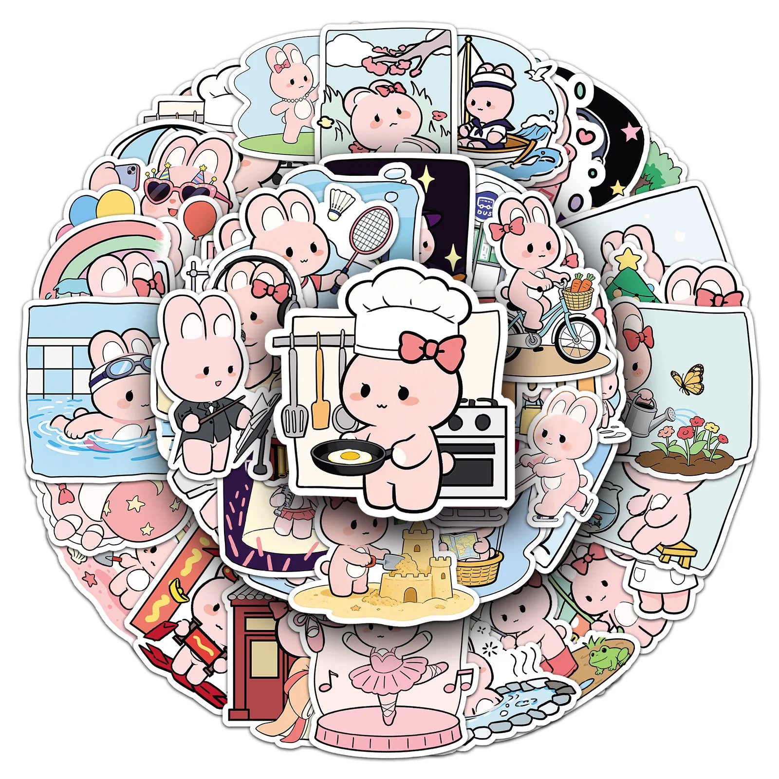 51-Piece Cute Cartoon Pink Bunny Daily Doodle Stickers Waterproof Stickers for Cups Phones Guitars Helmets Stationery Notebooks
