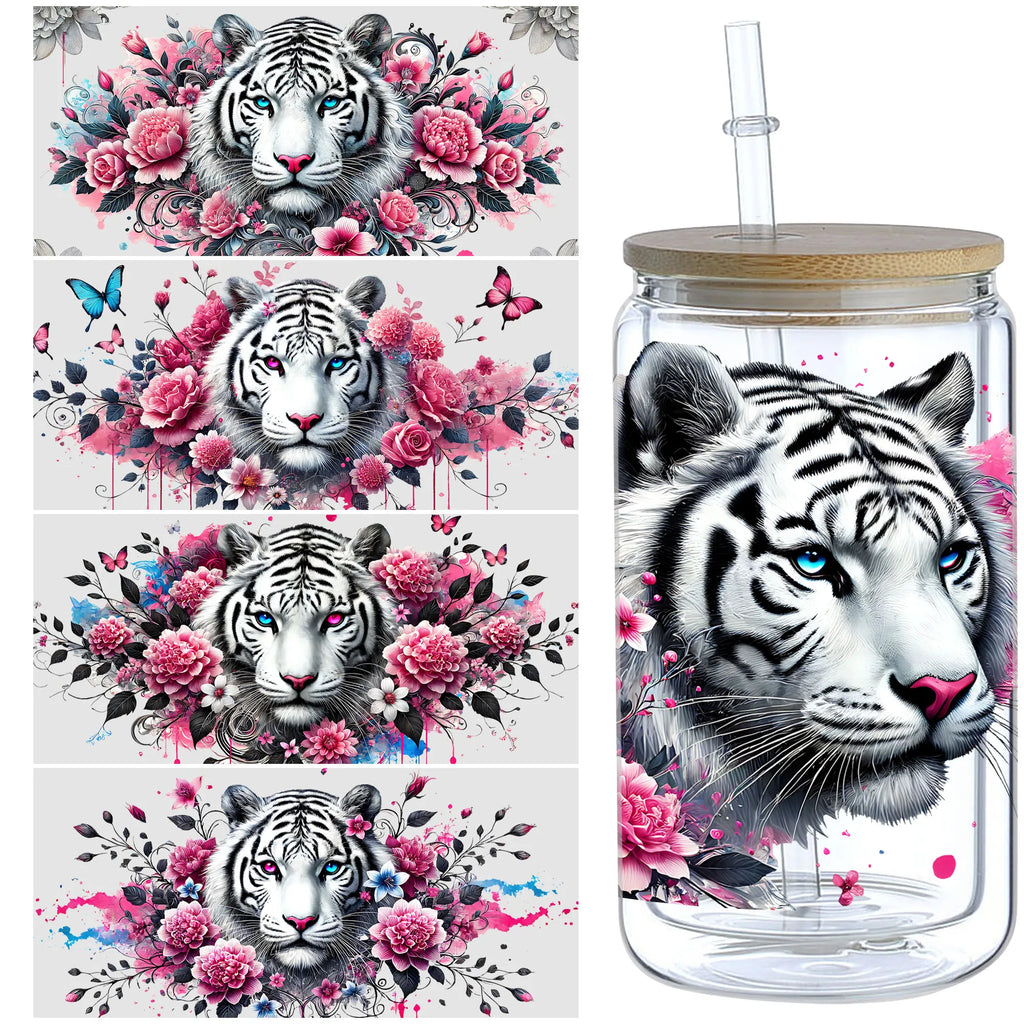 5 sheets Tiger UV DTF Cup Stickers, Glass Cup DTF Transfer Stickers, Waterproof Cartoon Wipeable Transfer Paper