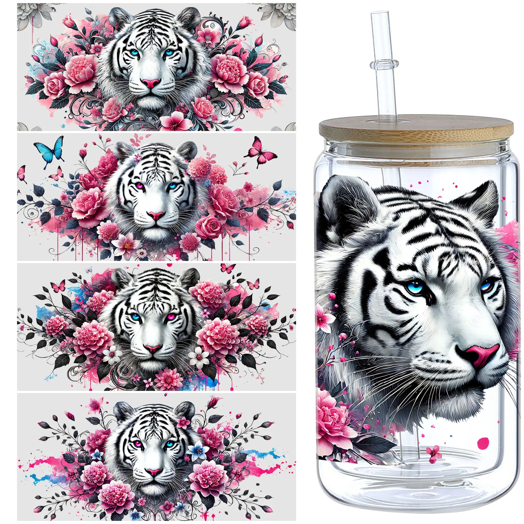 5 sheets Tiger UV DTF Cup Stickers, Glass Cup DTF Transfer Stickers, Waterproof Cartoon Wipeable Transfer Paper