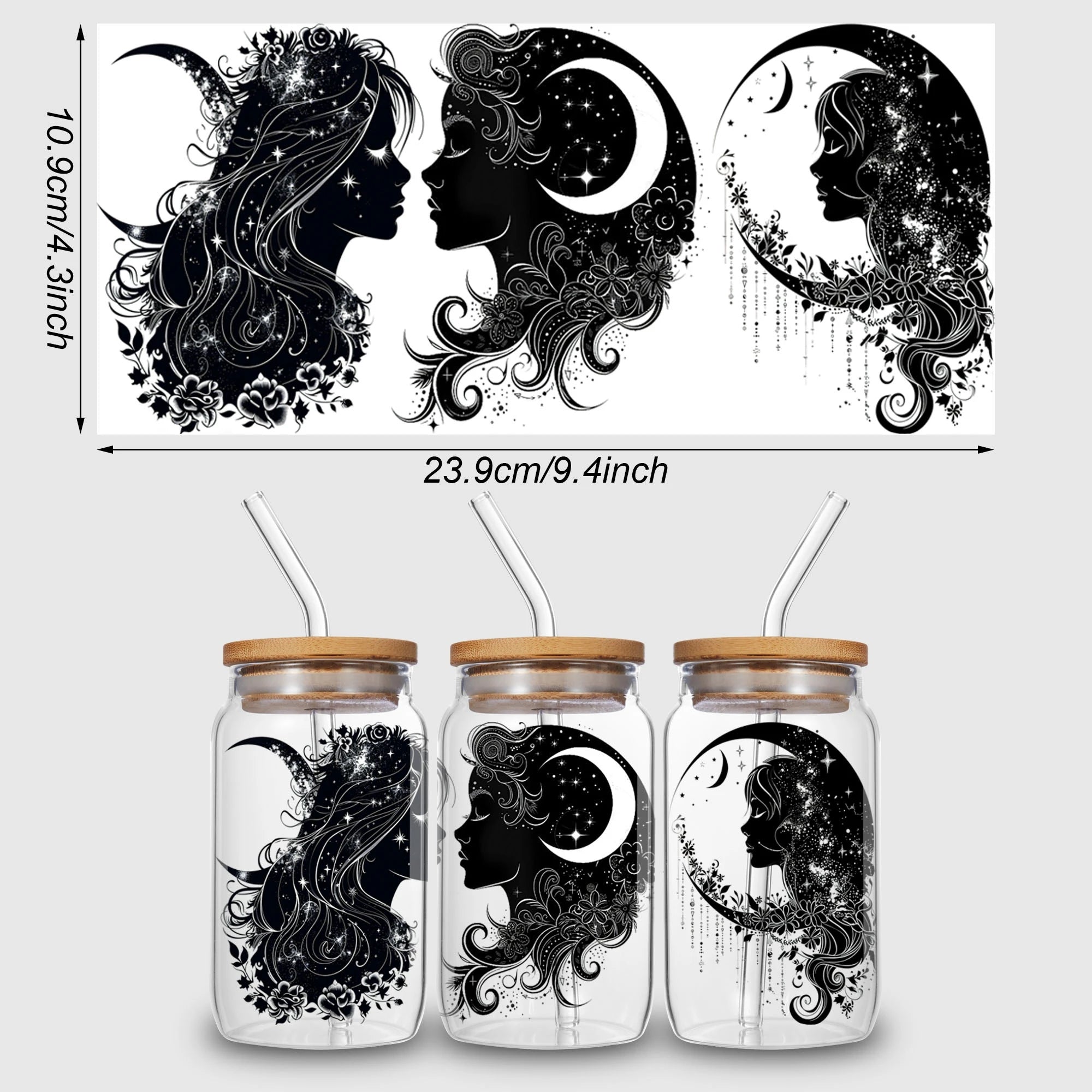 5 sheets Moon Witch UV DTF Cup Stickers, DTF Transfer Stickers, Waterproof Wipe-Off Transfer Paper for 16oz Glass, Mug, Crafts