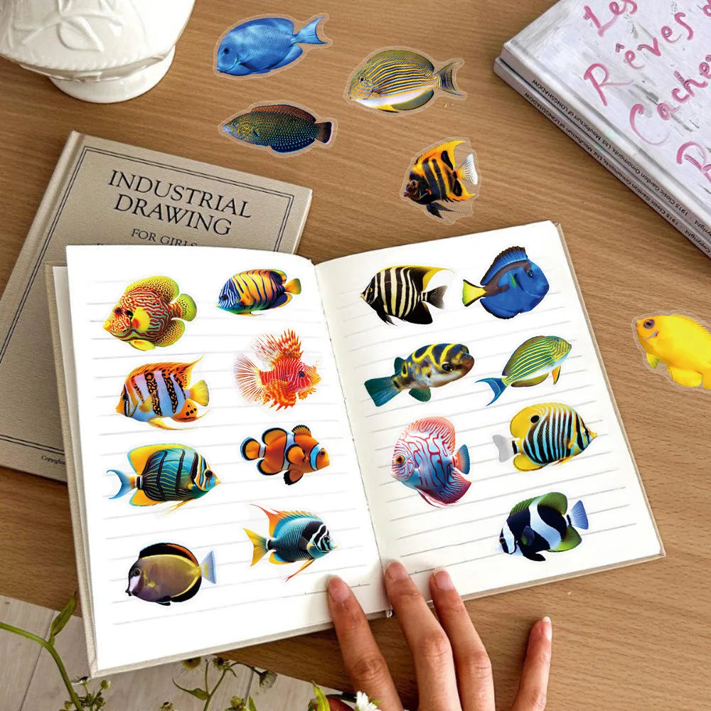 50/100Pcs Marine Fish Transparent Stickers Learning Stationery PET Decal Notebook Phone Luggage Fridge Cup Decorative Stickers