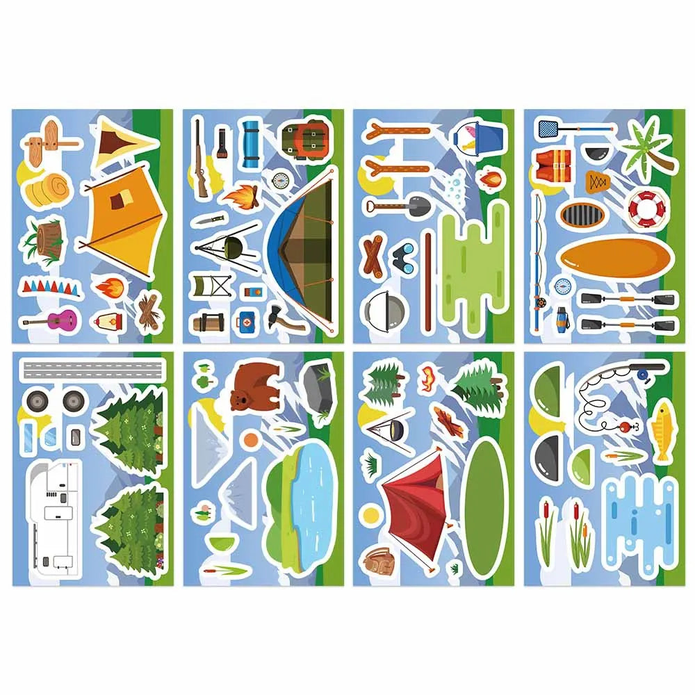 8-Pack Outdoor Camping Themed Cartoon Puzzles Stickers for Phones Laptops Suitcases Stationery Decoration Waterproof Stickers