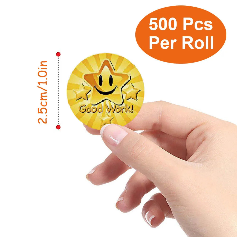 500Pcs/Roll Cartoon Stars Smile Reward Encourage Stickers,2.5cm/1.0inch Round Perfect For Learning Rewards Game Party Gift Seal