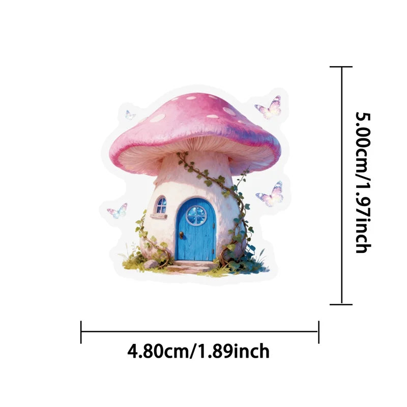 56PCS Fairy Tale Mushroom PET Sticky Sticker Aesthetic Tear Open DIY Decoration Scrapbooking Stationery Supplies for Kids
