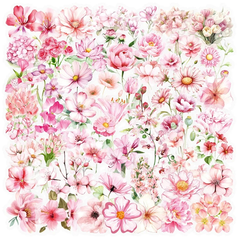 50PCS Cute Pink Flower PET Sticky Sticker Aesthetic Tear Open DIY Decoration Scrapbooking Stationery Supplies for Kids