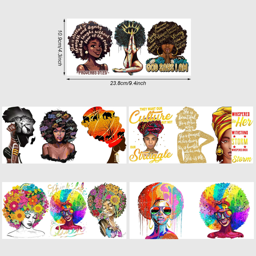 5 Sheets Queen UV DTF Cup Stickers, DTF Friction Transfer Stickers, Waterproof Black Girl Transfer Stickers