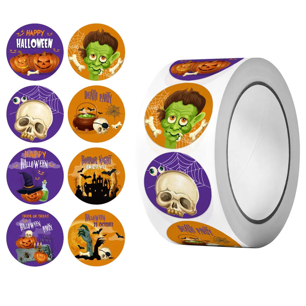 500Pcs Round Cartoon Halloween Day/All Saints'Day Stickers 2.5cm/1'' Roll DlY Craft Decoration Scrapbook Label Gift Sealing