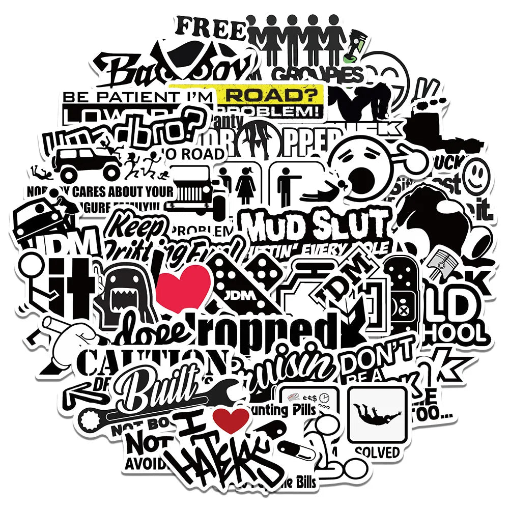 50pcs Funny JDM Styling Stickers Skateboard Luggage Bumper Bike Car Motorcycle Scooter Cool Sticker Toy Waterproof