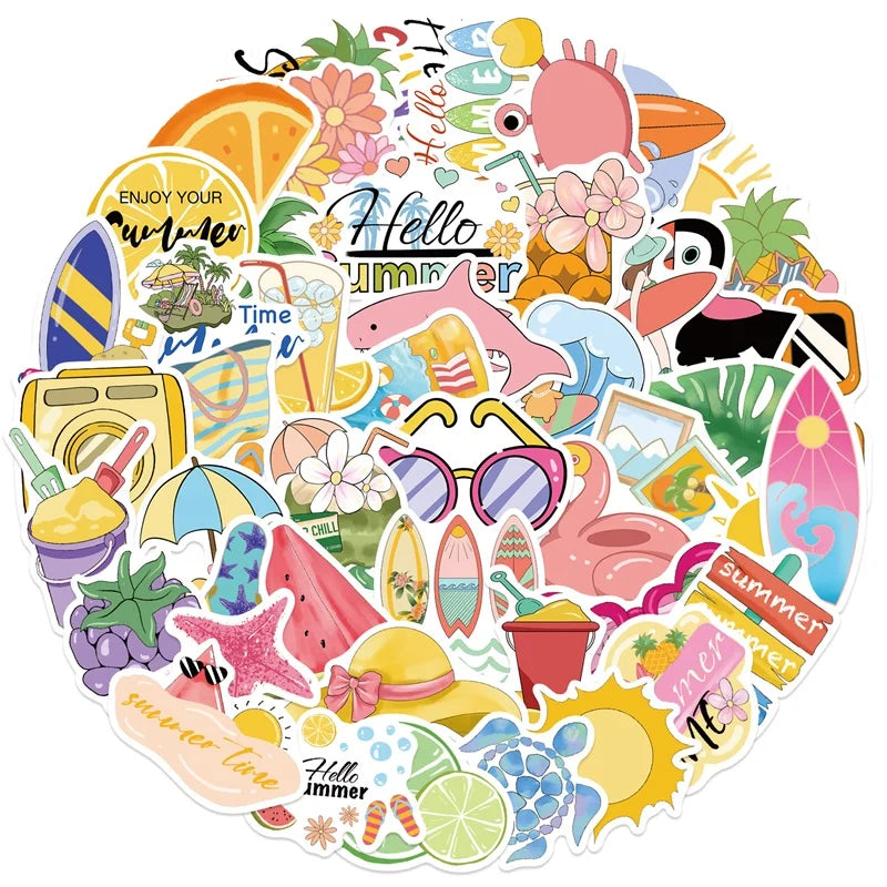 10/30/50PCS Pink Happy Summer PVC Sticky Sticker Aesthetic DIY Decoration Scrapbooking Children's School Supplies