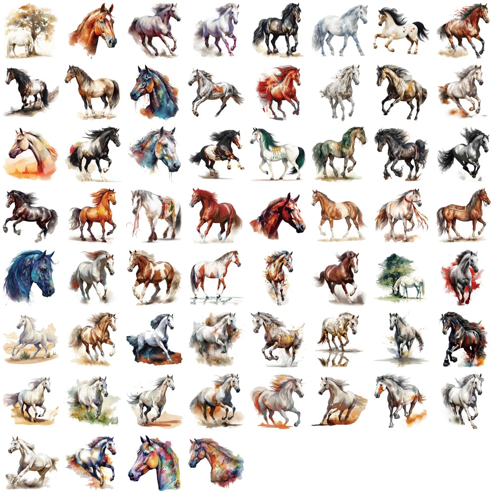 60PCS Dynamic Running Horse Sticker Oil Painting Horse Pattern Handmade Decoration Funny Landscaping Retro Animal Stickers