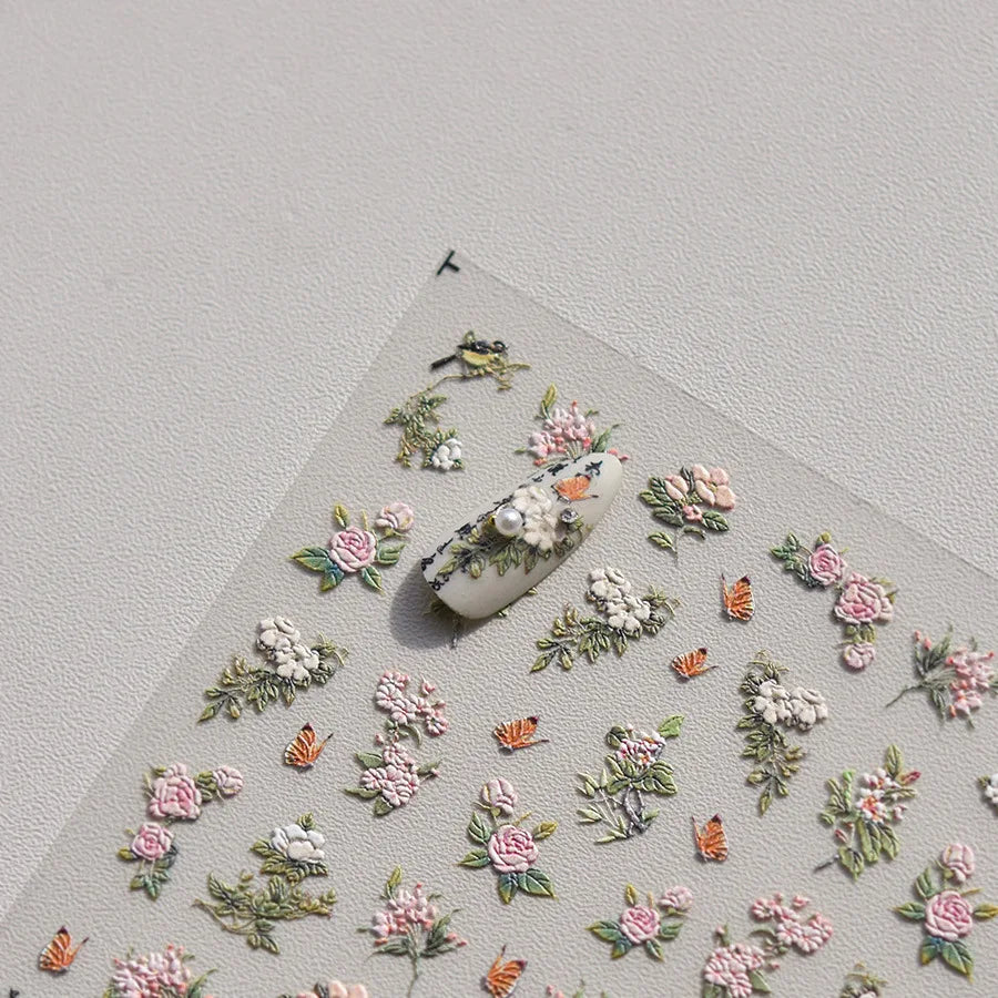 5D Embossed Nail Stickers Elegant Pink Flowers Self Adhesive Nails 3D Decorations Stickers DIY Charms Flowers Nails Art Decals