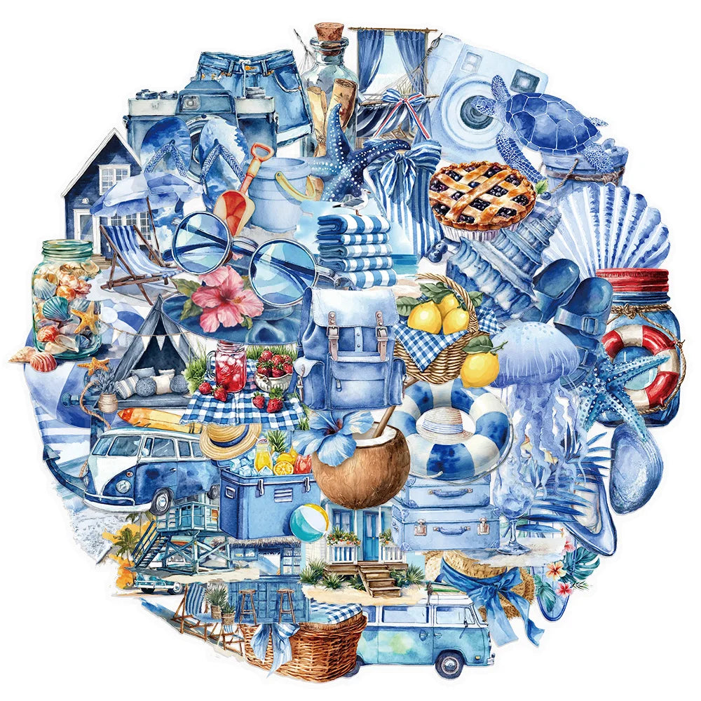 50PCS Summer Beach Blue Cartoon Decorative Stickers DIY Graffiti Skateboard Phone Case Tablet Decorative Toy Stickers