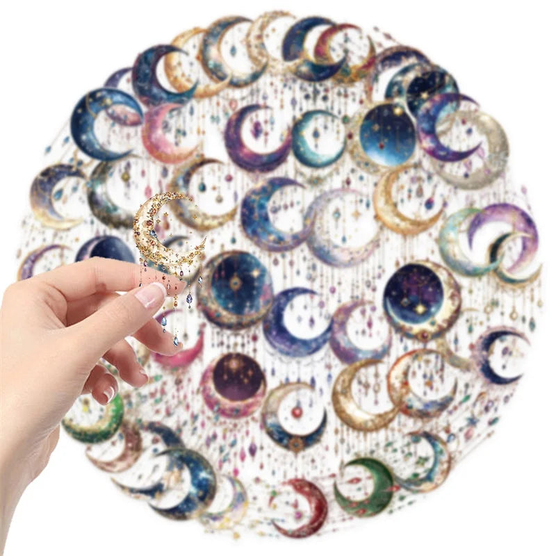 50PCS Dreamy Starry Moon PET Sticky Sticker Aesthetic Tear Open DIY Decoration Scrapbooking School Stationery Supplies for Kids