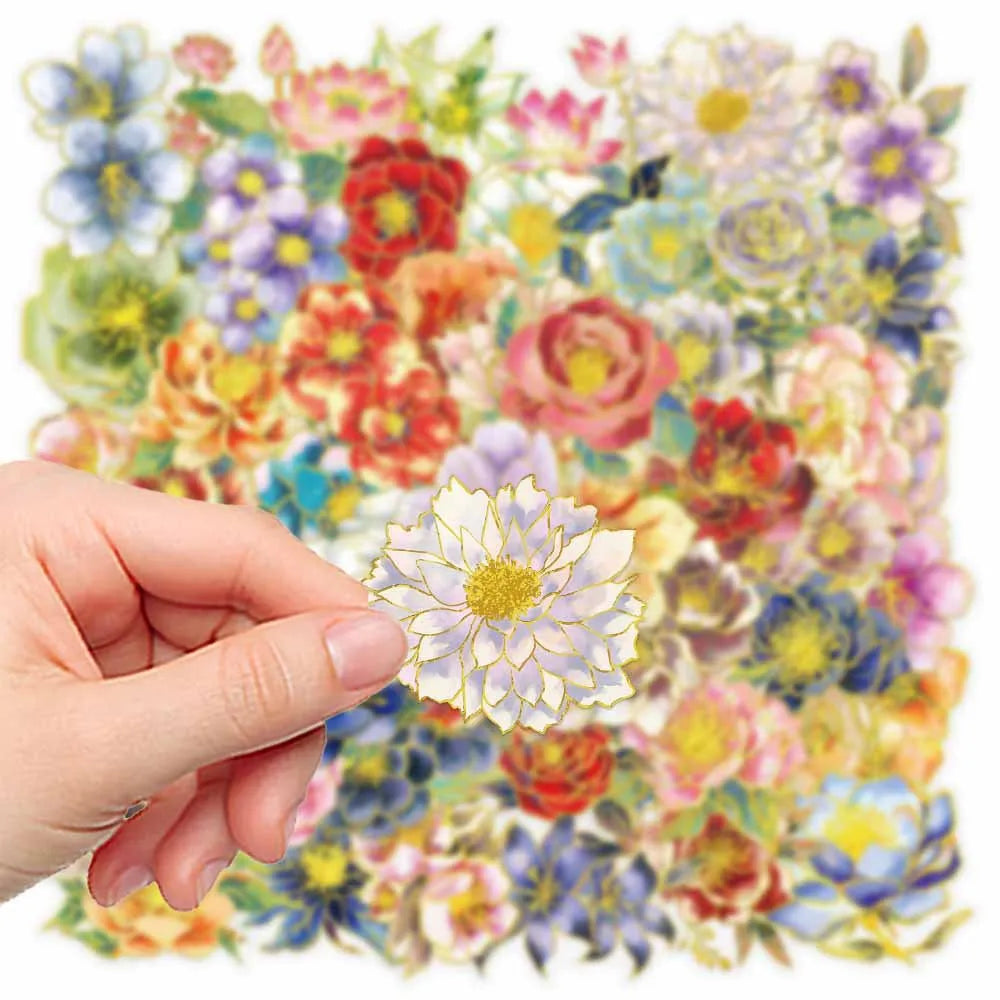 50-Pack Elegant Floral Gold-Stamped Decals for Notebooks Phones Water Cups DIY Decoration - Premium Quality Stickers