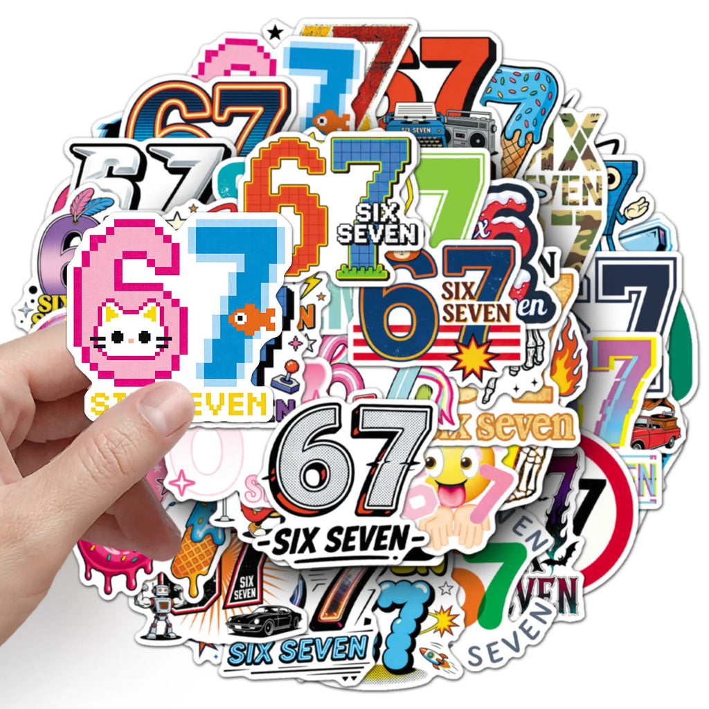 50PCS Cartoon Number 67 Stickers, Funny Meme Six Seven Student Stationery Notebook Waterproof Decorative Stickers