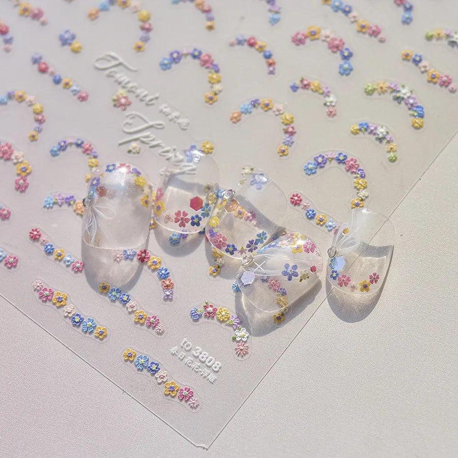 Colorful Daisy Frame Nail Decoration Stickers 5D Crystal Diamond Nail Art Stickers DIY Self Adhesive Bow Flowers Manicure Decals