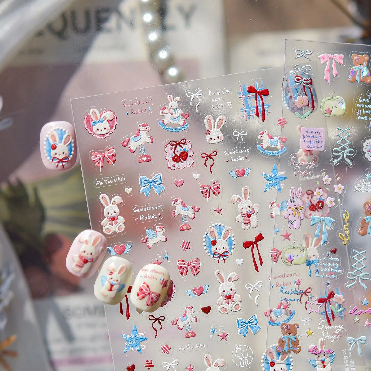 Rabbit and Bear Star Ribbon Ribbon Charms Nail Art Stickers 5D Reliefs Nail Sticker Cartoon Designs Adhesive Nail Decor Stickers
