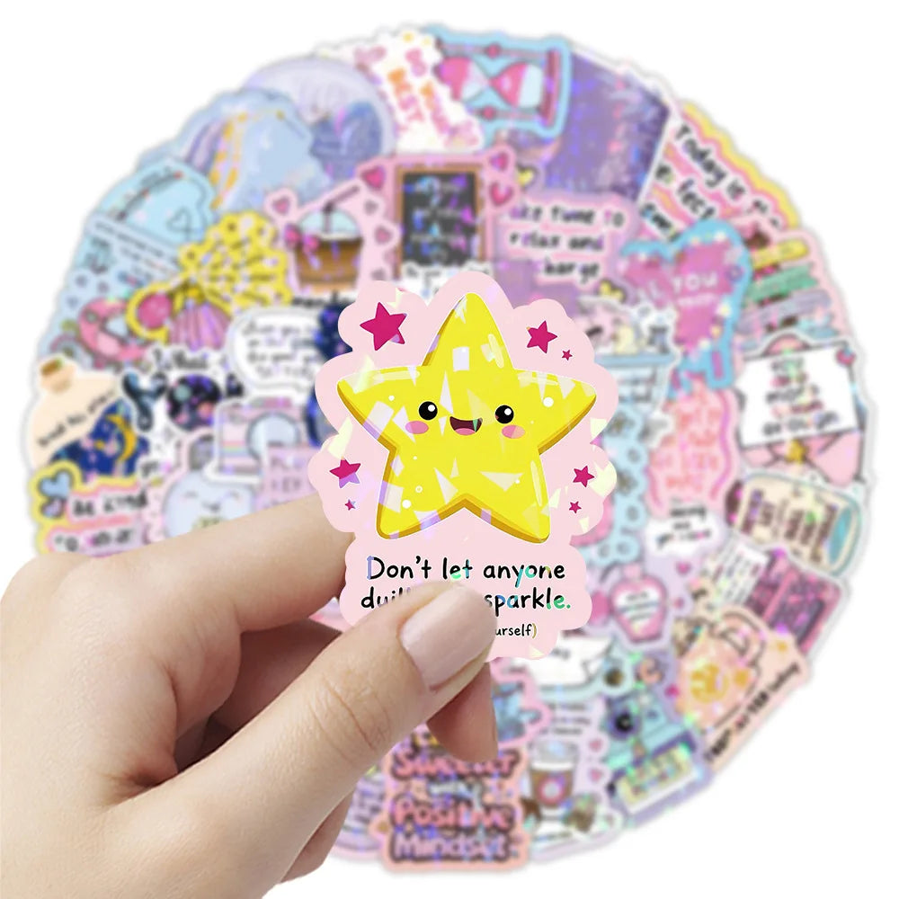 50-Pack Shiny Film Cartoon Motivational Quote Stickers for Student Supplies Notebook Luggage Fridge Car Waterproof Decals