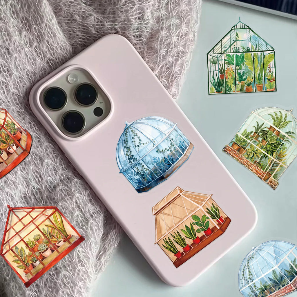 50/100Pcs PET Clear Cartoon Greenhouse Plant Theme Stickers for Vase Cup Window Fridge Storage Box Drawer File Holder Waterproof
