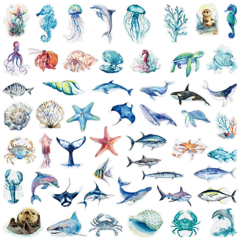 200PCS Transparent PET Cartoon Fish Waterproof Stickers For Children Water Bottles Stationery Decoration Marine Animals Reward