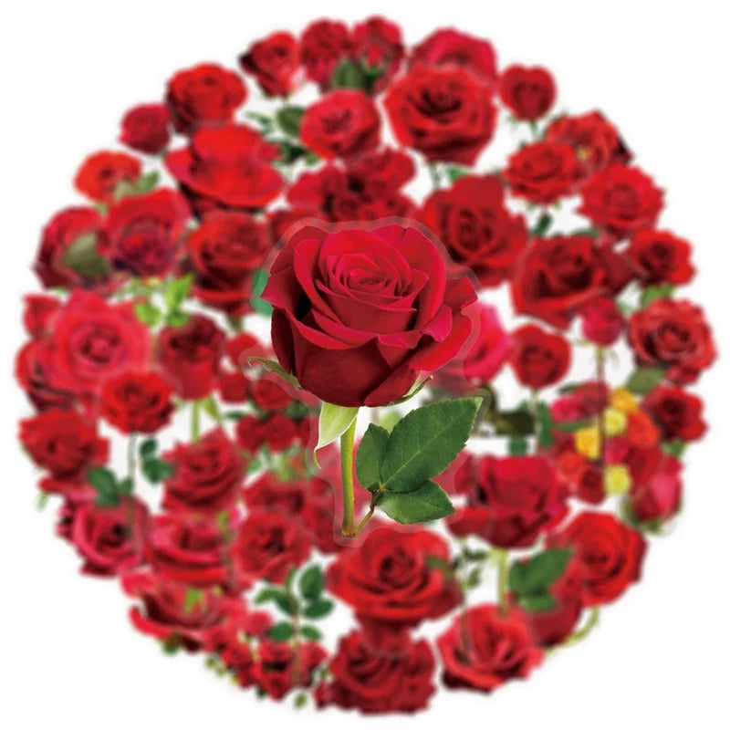 50PCS Kawaii Red Rose Flower PET Sticky Sticker Aesthetic Tear Open DIY Decoration Scrapbooking Stationery Supplies for Kids