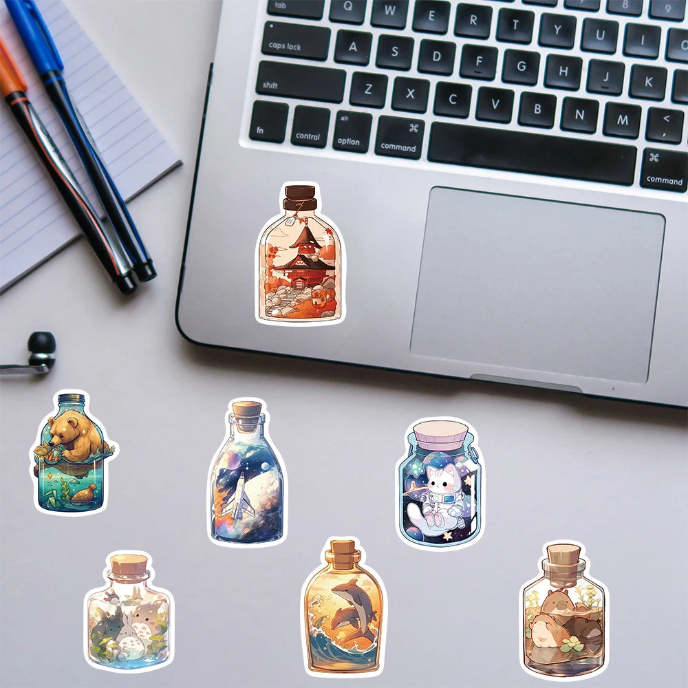 50PCS Stickers The World in a Bottle Print Harajuku Nostalgia Cartoon Coffee Laptop Skateboard Luggage Art Aesthetic Sticker ﻿