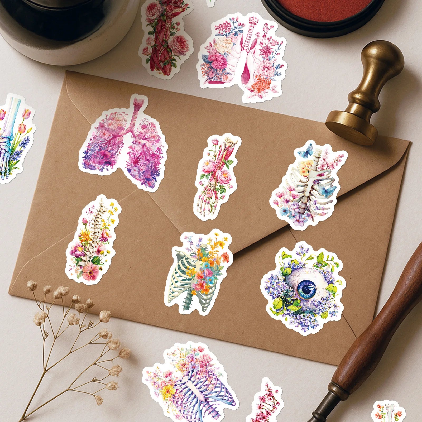 56PCS Human Organ Floral Stickers Medical Student Notebook Stationery Suitcase Skateboard Helmet DIY Decorative Sticker