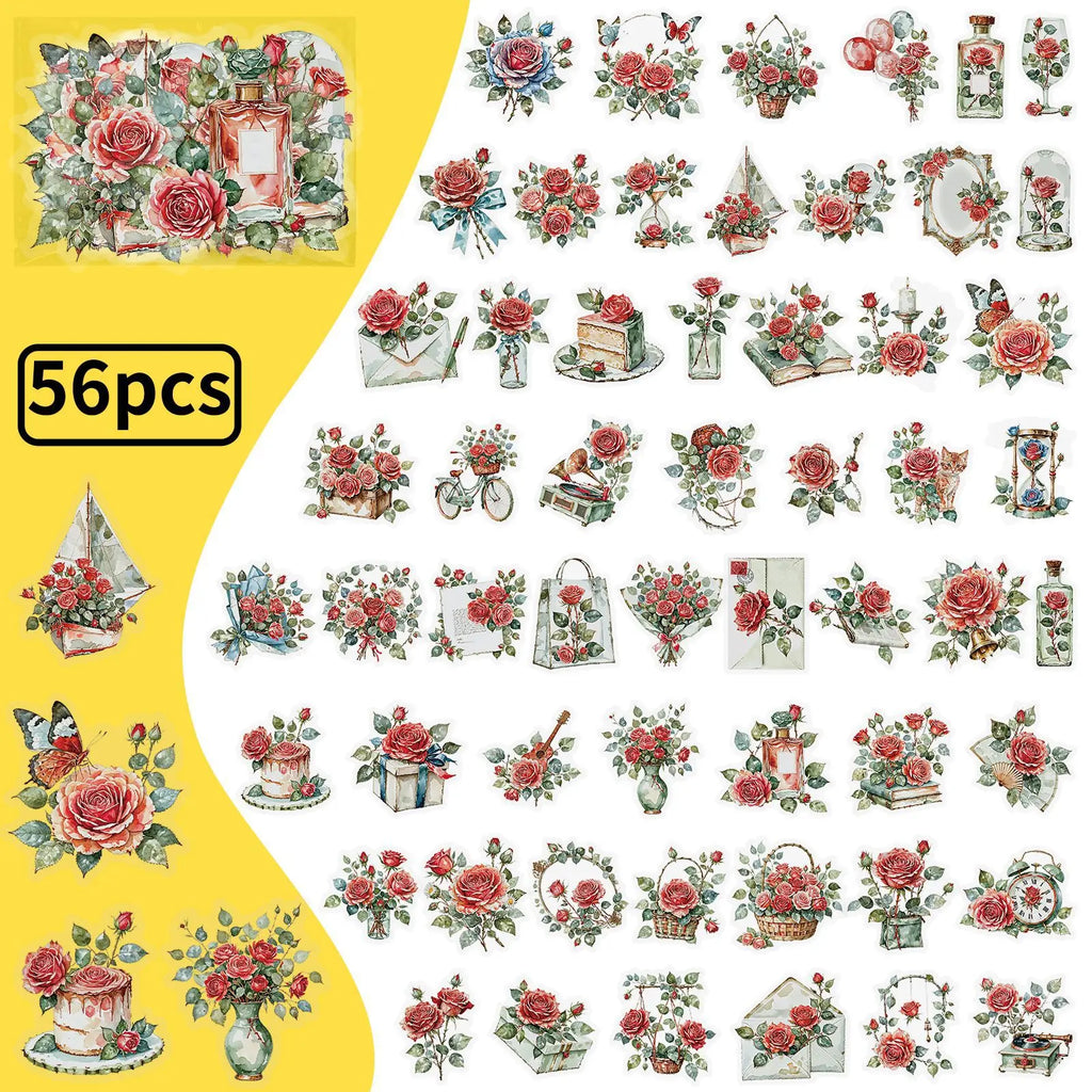 56PCS Rose Transparent PET Stickers High Beauty and Exquisite Rose DIY Laptop Stationary Stickers