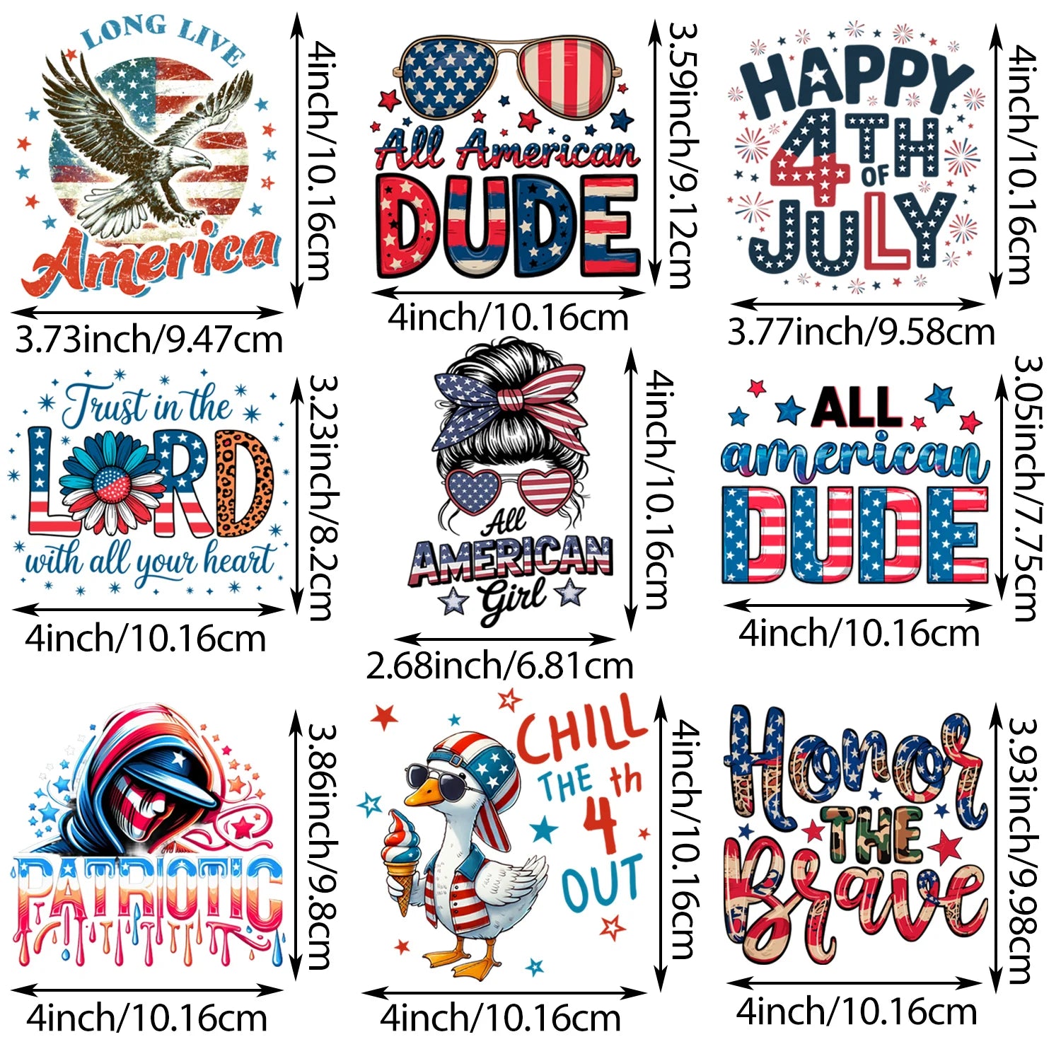 9 sheets flag series DIY Independence Day themed iron-on decals, July 4th themed heat transfer DIY for clothing, T-shirts, jeans