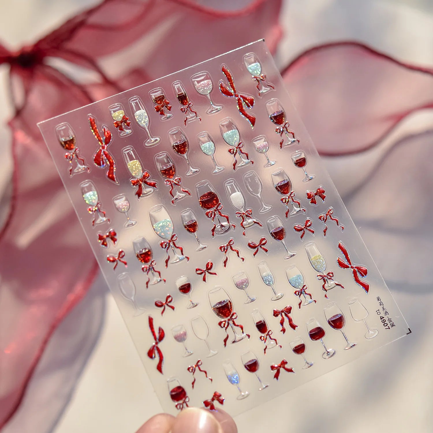 Wine Glass Bows Nail Charms Stickers Metal Nail Art Stickers 3D Exquisite Ribbon Nail Decoration Decals DIY Self Adhesive Decals