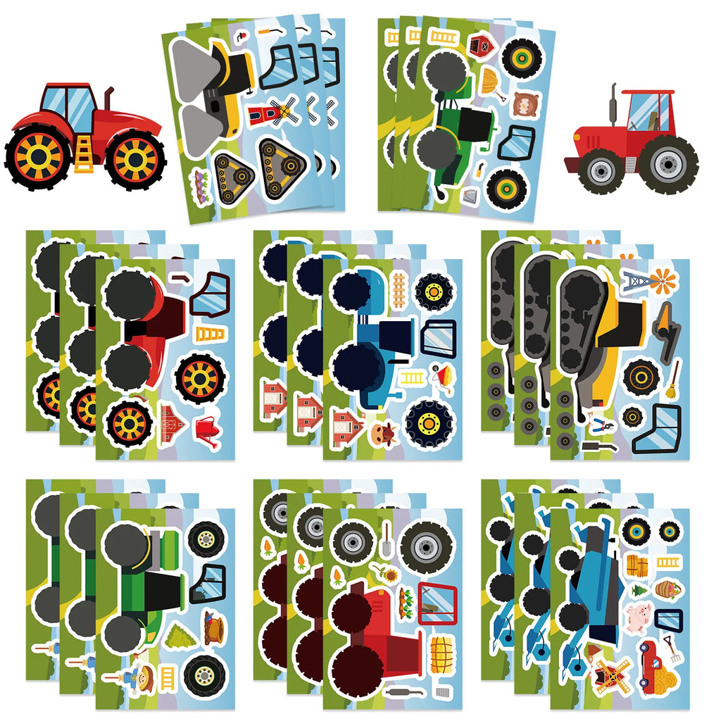 8/16/24PCS Toy Puzzle Stickers Cartoon Engineering Car Make a Face Stickers DIY Handicrafts Waterproof Stickers