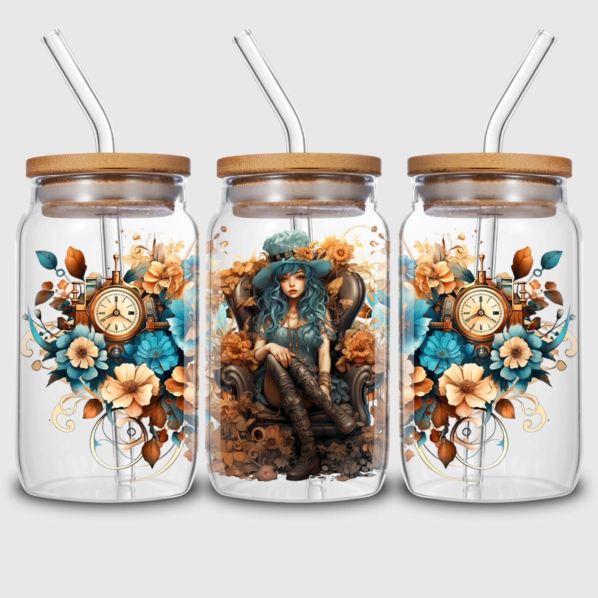 q5 sheets Steampunk UV DTF Cup Stickers, DTF Friction Transfer Stickers, Waterproof Cartoon Transfer Stickers for 16oz Glass Cup