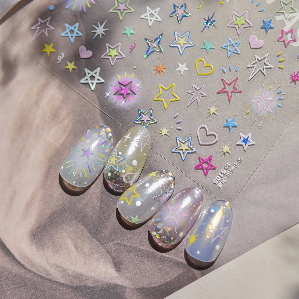 5D Relief Nail Stickers Sweet Starlight Nail Accessory Stickers Colorful Irregular Star Nail Decals Adhesive Nail Art Stickers