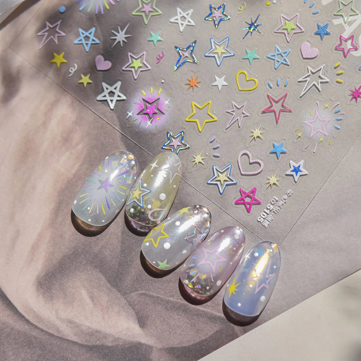 5D Relief Nail Stickers Sweet Starlight Nail Accessory Stickers Colorful Irregular Star Nail Decals Adhesive Nail Art Stickers