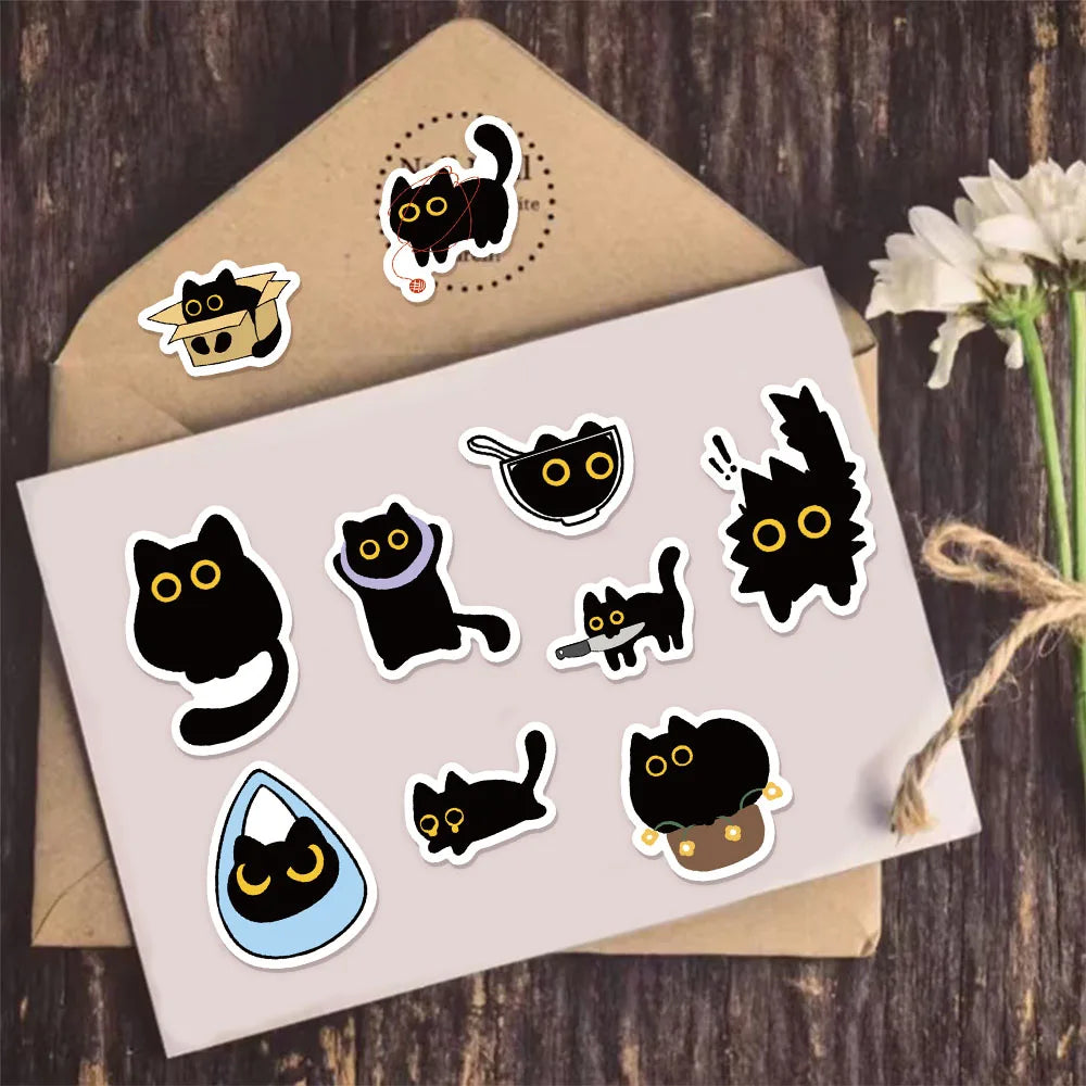 500PCS Cute Creative Black Cat Roll Stickers Small Pattern Decoration DIY Luggage Tablet Skateboarding Water Cup Toy Stickers