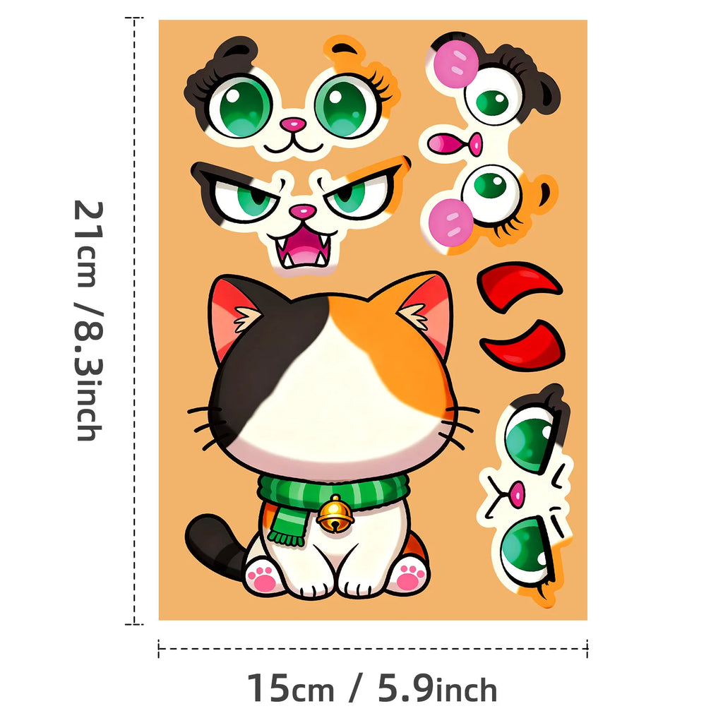 6/12 Pcs Large Cartoon Cat Full Body Make A Face Puzzle Stickers DIY Brain Game for Fridge Stationery Box Notebook Guitar Desk