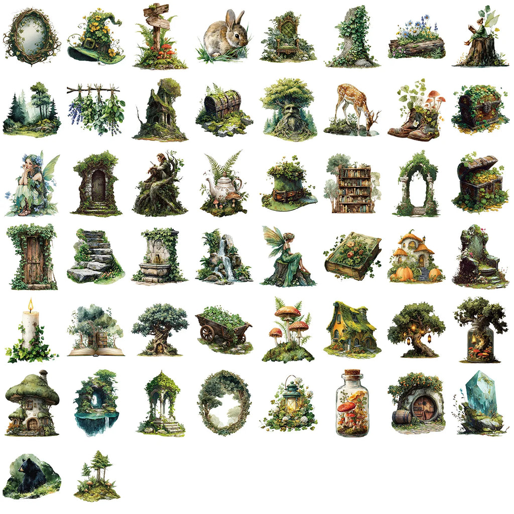50/100PCS Cartoon Green Forest Sticker Pack Waterproof Transparent PET for Laptop Stationery Decoration Guitar Notebook Stickers