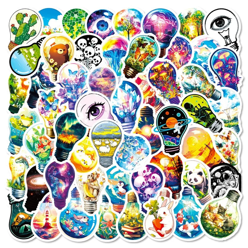10/30/56PCS Cartoon Light Bulb World PVC Sticky Stickers Aesthetic DIY Colored Phone Laptop Luggage Skateboard Graffiti Decals