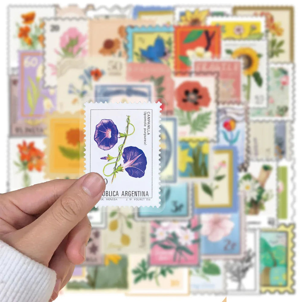 50PCS Creative Flower Stamp PET Waterproof Transparent Stickers Decorative Sunflower Flower Desktop Stickers