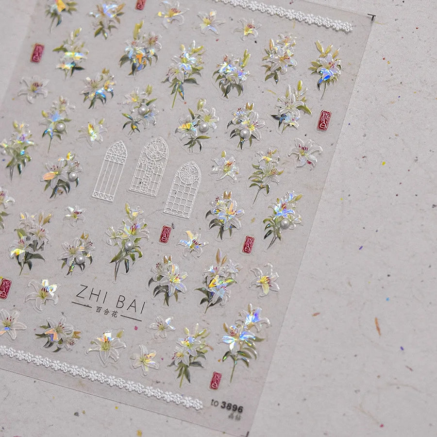 Classic White Flowers Nail Charms Stickers 5D Embossed Pearls Flowers Ribbon Design Nail Art Stickers DIY 3D Manicure Decoration