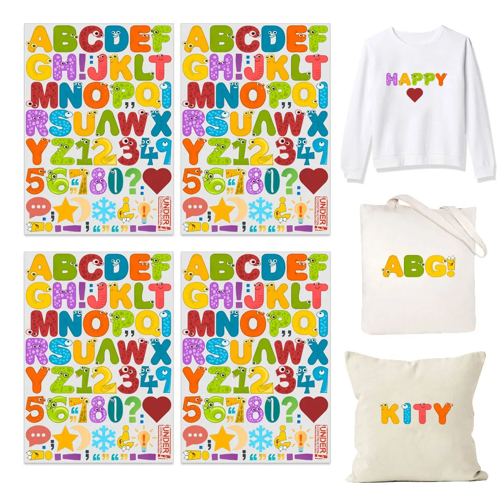 4 Sets of 1.5 Inch Flower Alphabet Series DIY Alphabet Theme Iron-On Decals, Watercolor Theme Heat Transfer DIY for Clothing