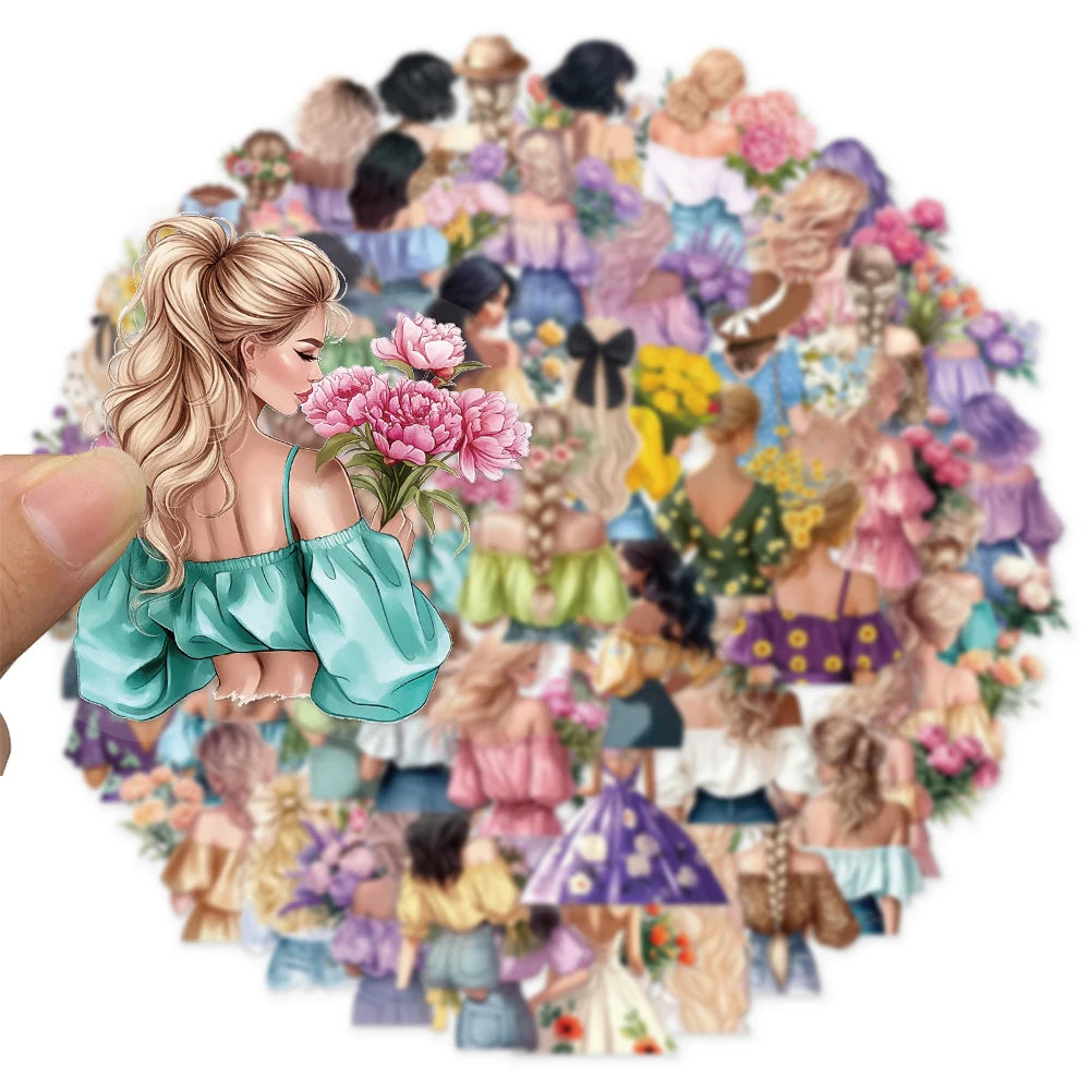 50PCS Flower Girl Cartoon Cute Decorative Transparent PET Sticker Set DIY Brochure Decorative Notebook Tablet Toy Stickers