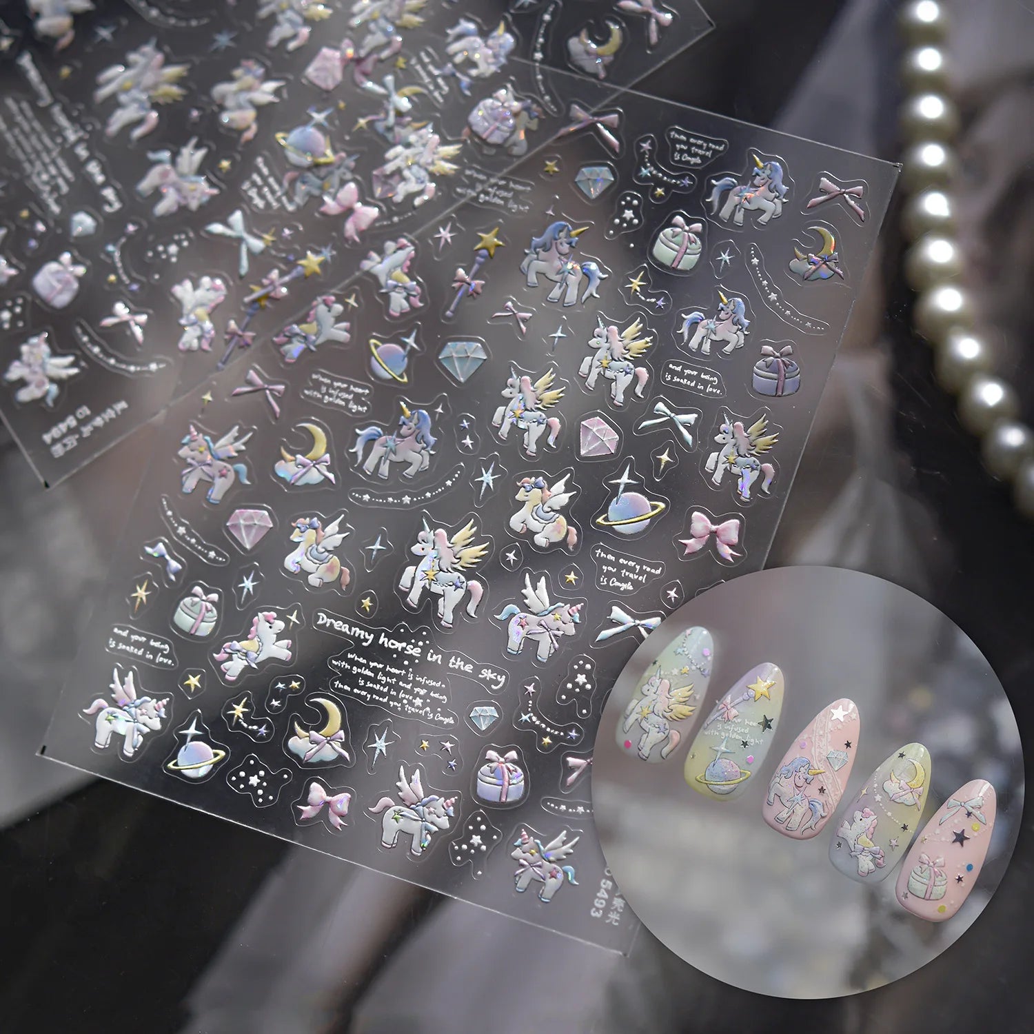 Glitter Starry Sky Dream Horse Nail 3D Decorations Stickers 5D Shell Light Dreamy Nail Art Stickers Self Adhesive Manicure Decal