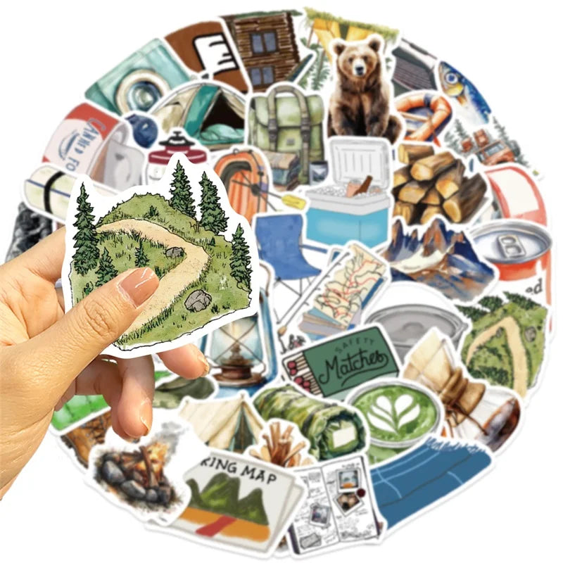 10/30/50PCS Watercolor Outdoor Camping PVC Sticky Sticker Aesthetic DIY Decoration Scrapbooking School Supplies for Kids