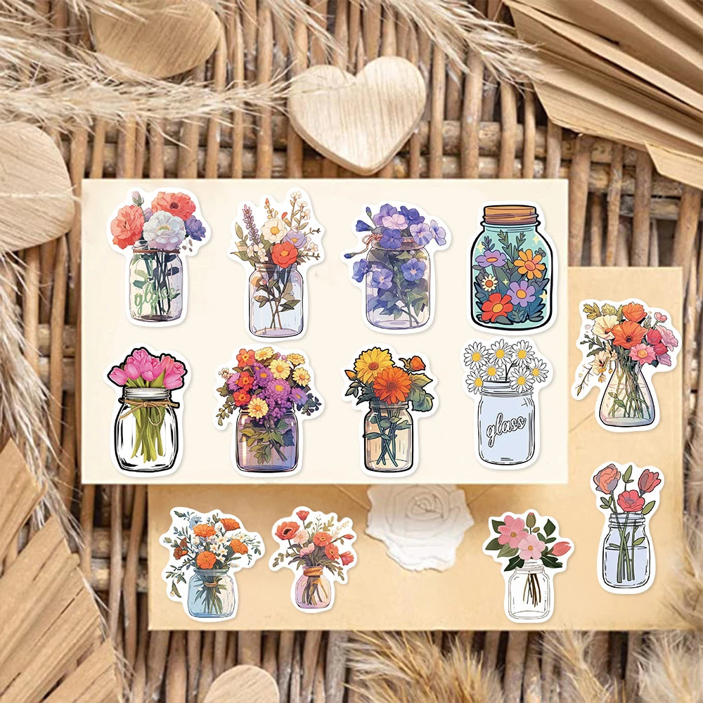 50PCS Color Bottle Flower Sticker Pack Waterproof Stickers DIY Brochure Flower Material Decoration Notebook Waterproof Stickers