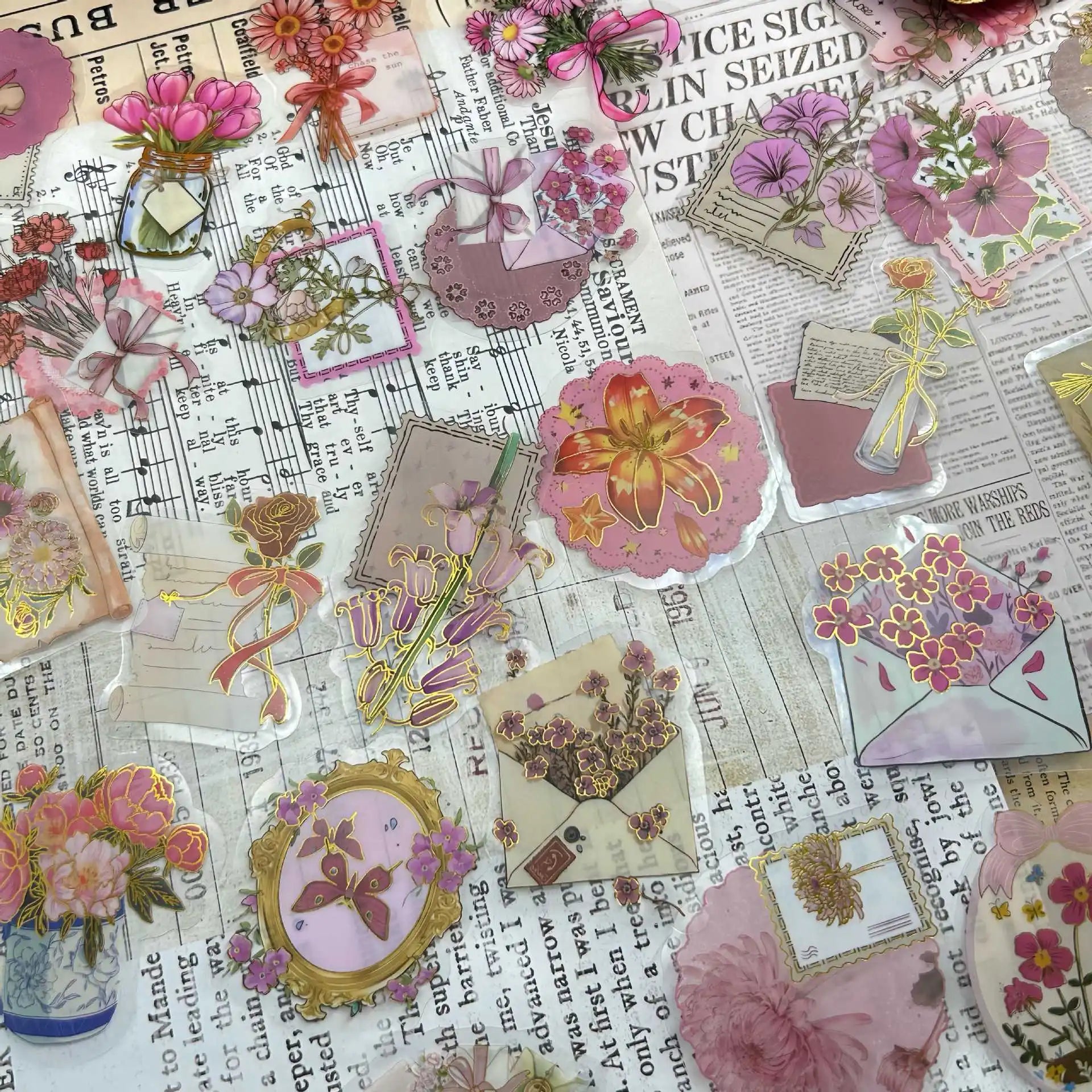 50/100PCS Cartoon Flower Heart Language Sticker Pack Waterproof Transparent PET Decorative Guitar Notebook Hot Stamping
