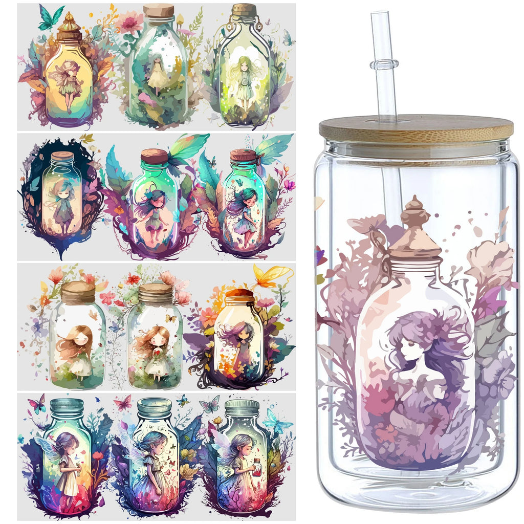 5 Sheets of Bottle Contents UV DTF Cup Stickers, DTF Friction Transfer Stickers, Waterproof Elf and Boat Transfer