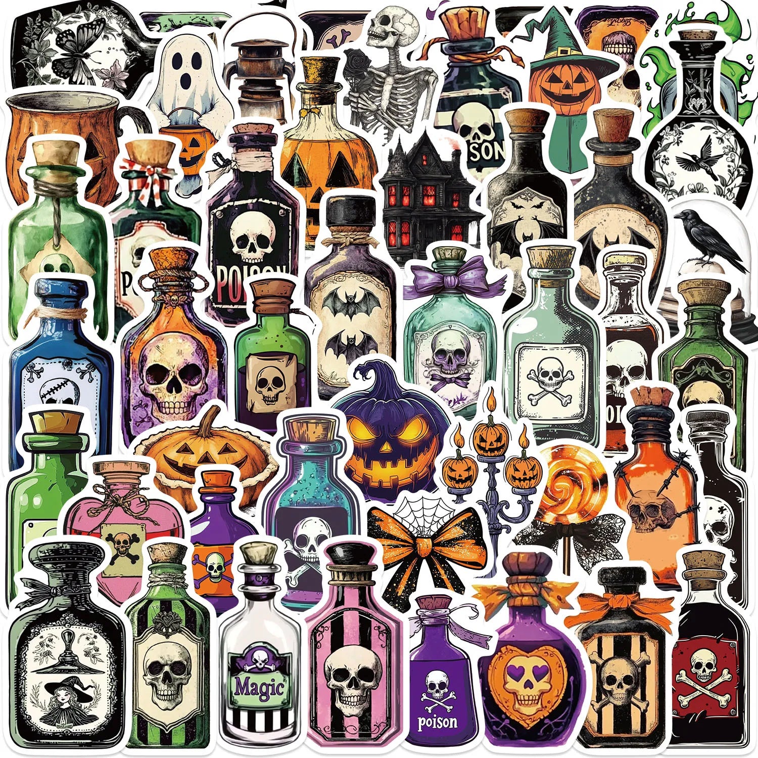 50/100PCS Cartoon Halloween Medicine Bottle Graffiti Stickers Guitar Notebook Luggage DIY Stationery Pen Holder Decor Stickers